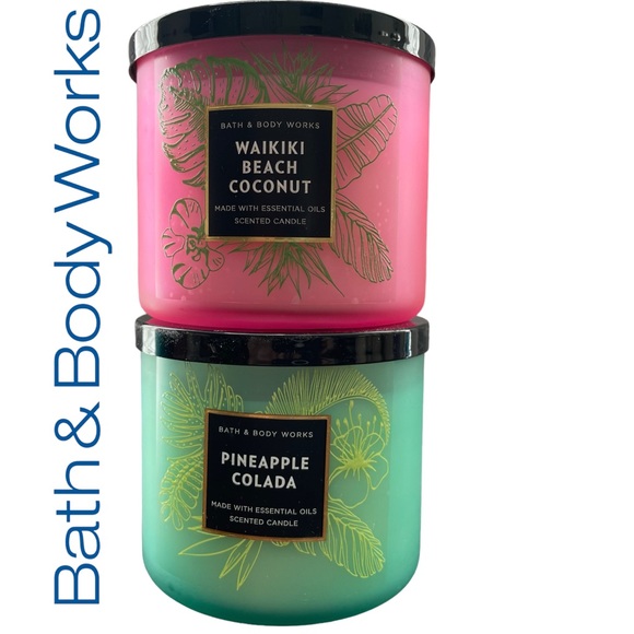 2X BRAND NEW BATH & BODY WORKS 3 WICK CANDLES WAIKIKI BEACH COCONUT PINEAPPLE CO - Picture 1 of 6